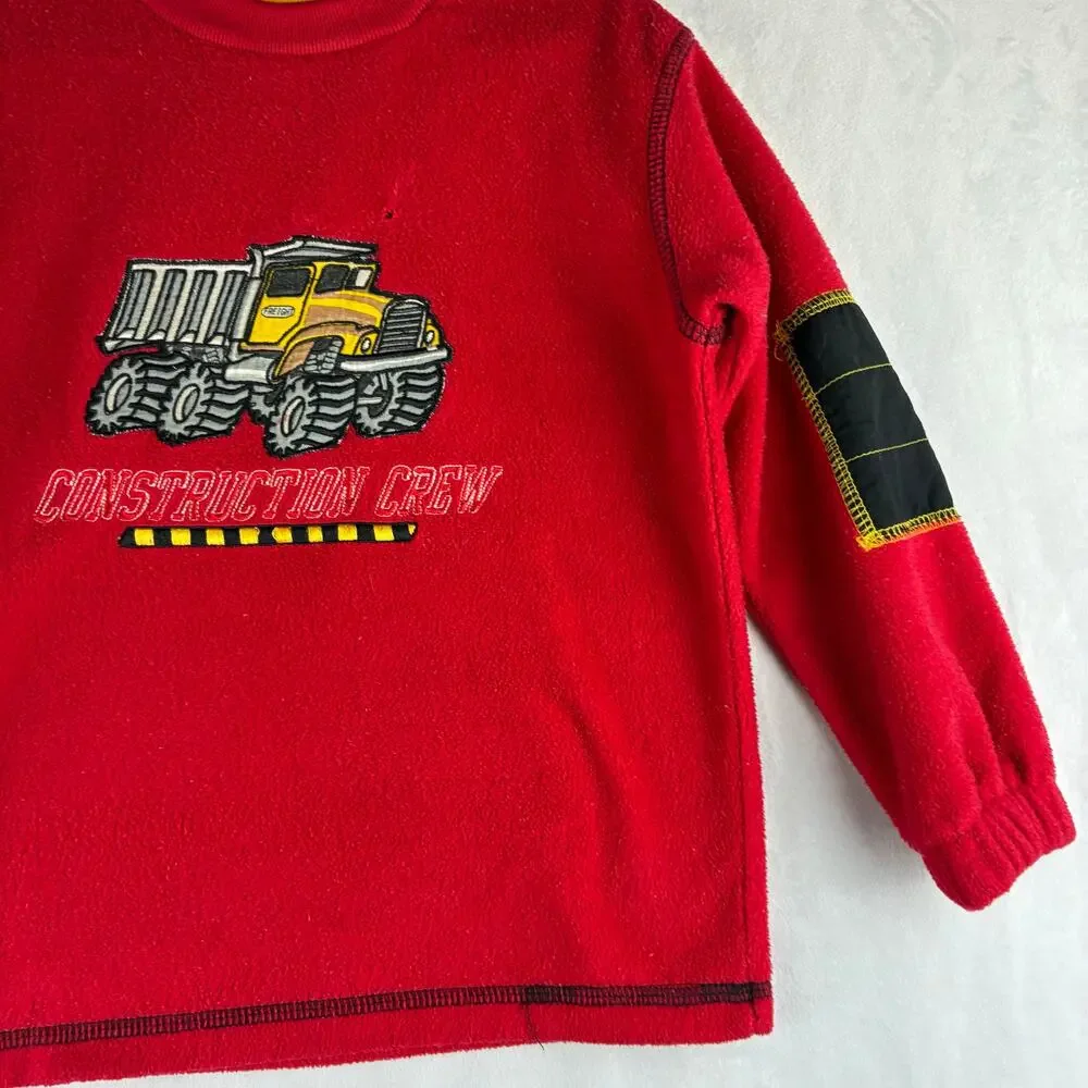 Vintage Boys 4T Fleece Construction Crew Truck Sweater Light Wear&Small Hole Red